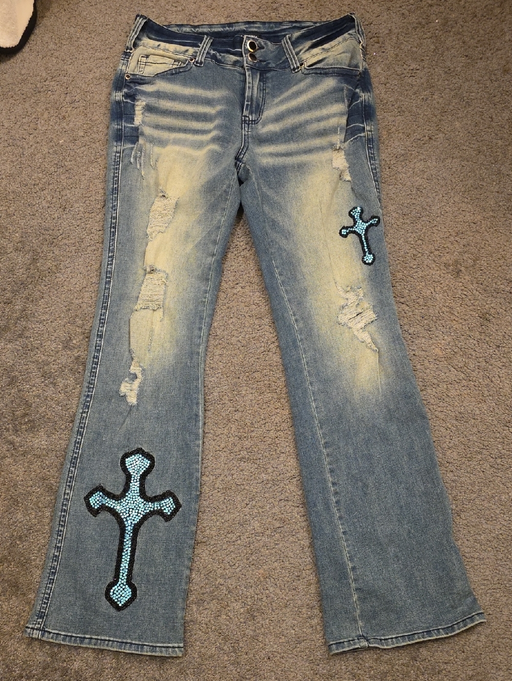 Light Blue Distressed Women's Jeans with Turquoise Cross Appliqués